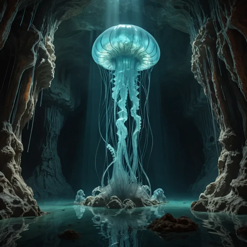 In the heart of a hyperrealistic, ancient, submerged, glasslike cavern, a colossal, dormant, mechanical jellyfish pulsates, its intricate, textured tentacles unfurling towards the caverns distant, glowing walls. Cinematic lighting from an unseen source casts dramatic shadows, while dynamic, volumetric lighting creates a soft, pastel glow. The jellyfishs delicate, detailed textures reflect the caverns intricate, luminescent patterns, as atmospheric effects create a mesmerizing dance of light and color. At the jellyfishs core, a colossal, ancient, holographic projector flickers to life, casting a vibrant, Ultra HD display of a longforgotten alien landscape onto the caverns rusted,