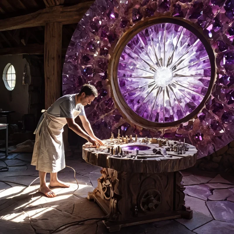 A horizontal, eyelevel medium shot of a serene, sundrenched workshop carved into the interior of a massive, hollowedout geode, where the walls are lined with jagged, translucent amethyst crystals that refract incoming light into a kaleidoscope of violet and pink hues. The floor is a smooth, polished surface of dark slate, upon which sits a large, circular workbench crafted from lightcolored maple wood. In the center, a artisan wearing a simple, creamcolored linen apron is meticulously polishing a complex, spherical instrument made of interlocking brass gears and clear quartz lenses, using a soft, white cloth. The air is filled with tiny, suspended specks of crystal dust that catch the beams of natural sunlight streaming through a