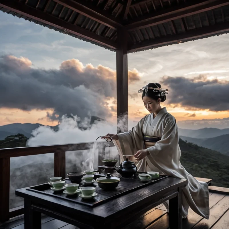 A horizontal, eyelevel medium shot of a highaltitude tea ceremony taking place on the flat, slategrey roof of a moving maglev train hurtling through a dense, violethued cloud layer at twilight. The setting is an intimate, openair pavilion constructed from polished obsidian and brushed titanium, featuring a low, rectangular table made of heated dark wood. In the center, a ceremonialist wearing a structured, creamcolored silk kimono with wide sleeves and a minimalist silver headpiece carefully pours steaming green tea from a ceramic pot into small, white porcelain cups. The steam rises in elegant, swirling ribbons that catch the soft, diffused light from the setting sun below the cloud deck, while the background dissolves into a deep