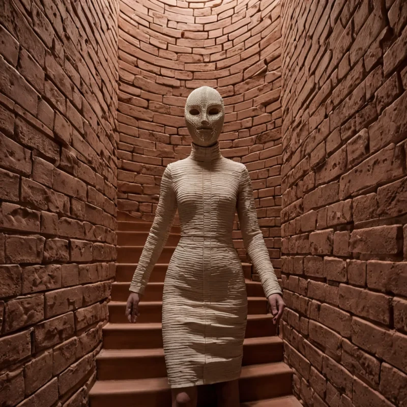A vertical, tightframed portrait of a solitary figure wearing a highcollared coat made of stiff, mattewhite ceramic tiles that interlock like a living shell. The face is partially obscured by a delicate, intricate mask composed of thin, woven gold wire and translucent, pale pink porcelain panels that glow softly from within. The figure stands in the center of a narrow, spiraling staircase that descends into a deep, warm brown abyss. The walls of the staircase are clad in rough, textured terracotta bricks, each one slightly uneven, creating a tactile, organic rhythm. Soft, warm light filters down from an unseen source above, casting long, dramatic shadows that stretch across the curved steps. In the background, faint outlines of hanging,
