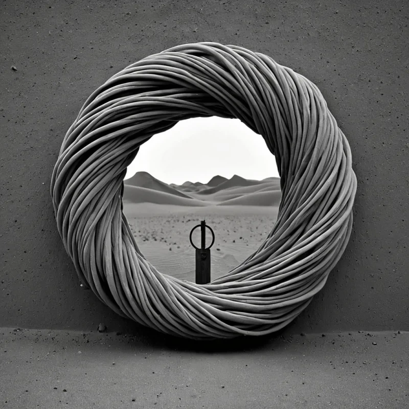 A single, selfilluminating tangle of reversed silence, shaped like a 3,000,000dimensional knot of unformed stillness and inverted quiet, pulses at the center of a vast, inverted desert of solidified sound. Each twist is spun from the exact moment between a door closing and its refusal to echo, a breath held in anticipation and dissolving into nonresonance, a whisper fading into air and collapsing into pure, unmeasured nonvibration. The knot does not contain silenceit uncontains it, each fraying strand shedding a layer of acoustic potential that never coalesced into rhythm, tone, or the weight of being heard. As it rotates in the deserts heart, it