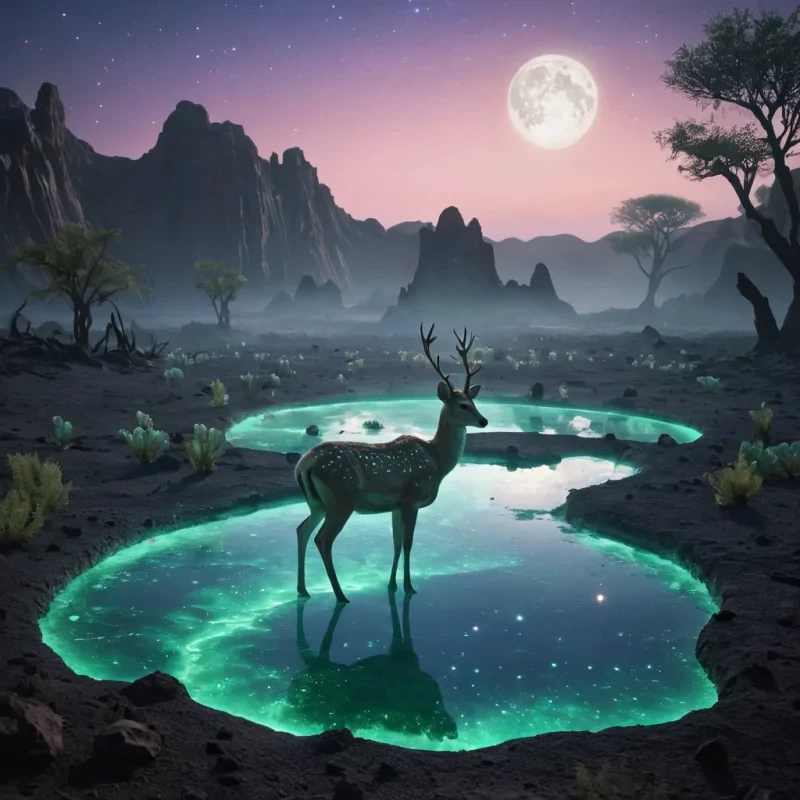 Lunar Oasis A verdant, hyperrealistic oasis blooms in the heart of a desolate, Ultra HD lunar crater. Luminous, bioluminescent flora casts vibrant, cinematic lighting across the craters detailed, textured landscape. Volumetric lighting accentuates the oasis towering, crystalline stalagmites, while atmospheric effects create a shimmering, ethereal mist. A serene, alien creature, resembling a cross between a deer and a swan, drinks from a pool of iridescent, lunar water, its reflective surface casting a soft, pastelhued bokeh effect. The creatures delicate, translucent form is silhouetted against the stark,