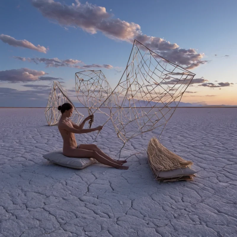 A panoramic, ultrawide shot of a vast, flat salt flat at high noon, where the ground is a perfect mirror reflecting a sky filled with massive, geometric cloud formations shaped like interlocking origami cubes in shades of soft lavender and pale yellow. Floating just above the surface are hundreds of sleek, white gliders with wings made of stretched silk, trailing ribbons of bioluminescent blue light that dance across the mirrorlike salt. In the foreground, a solitary figure sits crosslegged on a cushion of woven beige straw, playing a large, harplike instrument constructed from curved pieces of polished driftwood and silver wire, their hands blurred in motion. The lighting is harsh and direct, creating sharp, highcontrast reflections on the salt crust