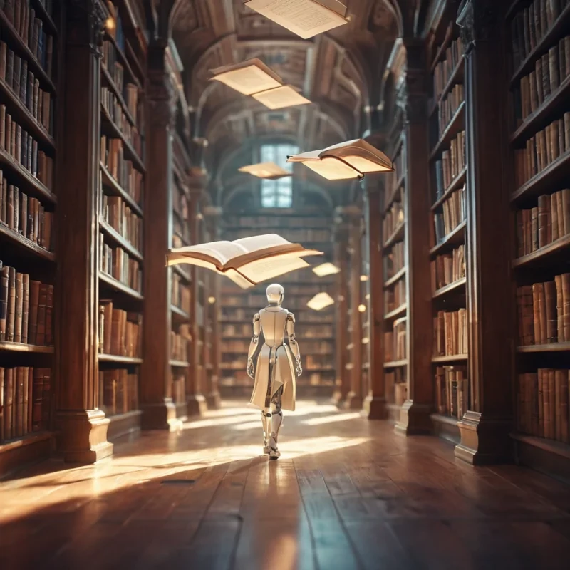 A lone, robotic librarian wandering through an infinite library of levitating, glowing manuscripts, each page emitting soft, ethereal light, hyperrealistic, ultra HD, cinematic lighting, volumetric lighting, atmospheric effects, dynamic lighting, bokeh effect, soft focus, lens flare, pastel tones, detailed textures.