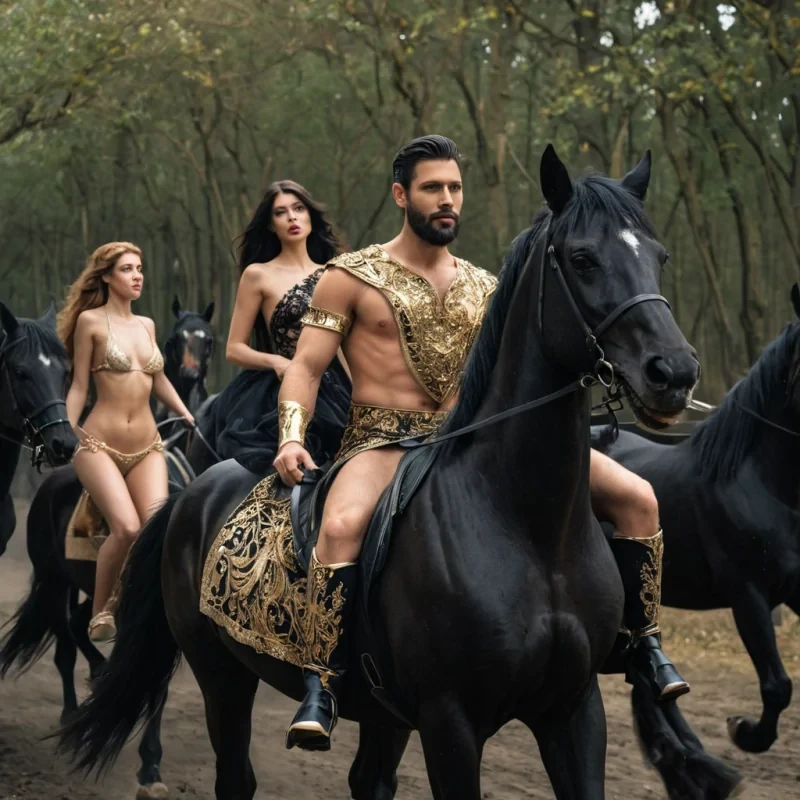 A dark haired, modern handsome king with a beard riding shining black horses along with beautiful, scantily dressed women. They are chasing a fox