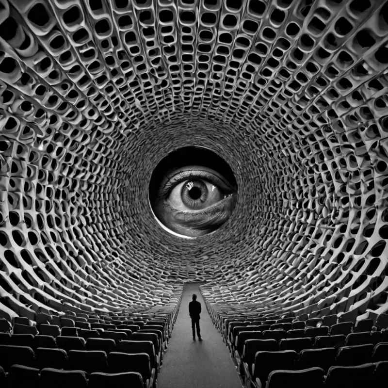 A single, selfoscillating membrane of reversed perception, shaped like a 12,743dimensional ripple of unformed sight and inverted awareness, undulates at the center of a vast, inverted theater of solidified observation  each seat woven from the exact moment between an eye opening and its refusal to focus, a glance shifting toward a face and dissolving into nonvisual presence, a reflection forming in glass and collapsing into pure, unmeasured nonrecognition. The membrane does not capture vision  it uncaptures it, each trembling wave shedding a layer of optical potential that never coalesced into coherent imagery, reforming into ephemeral, jadeveined afterimages shaped like the space between a blink and the silence after