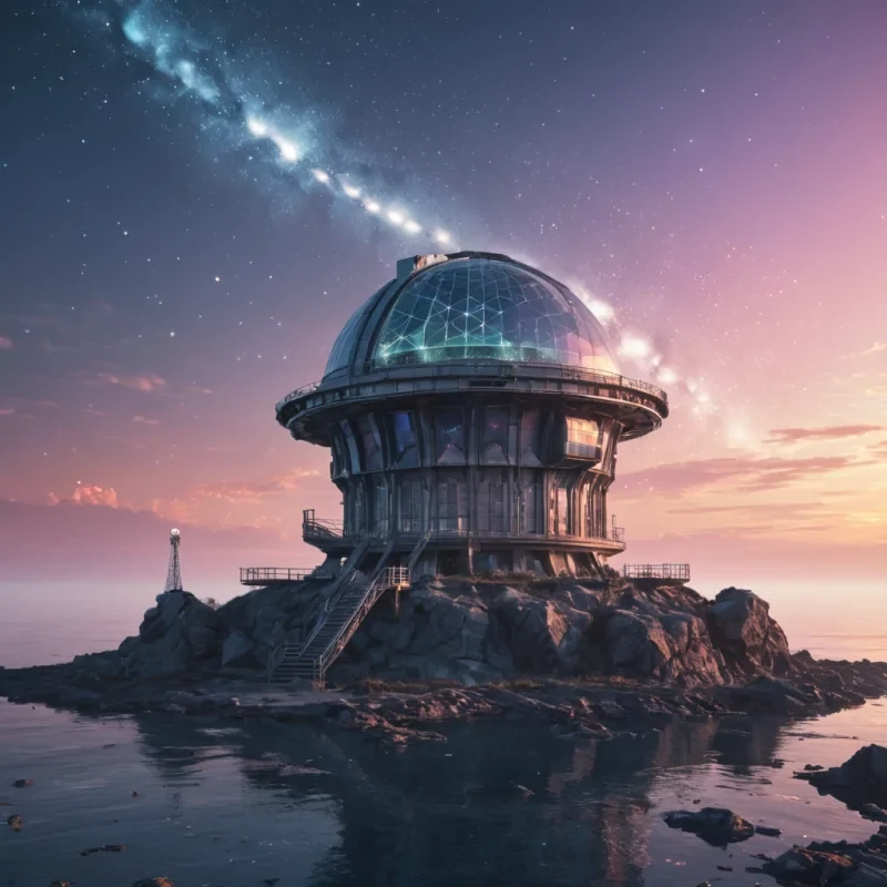 A serene, abandoned alien observatory on a floating rock island in a dual sunset sky, with intricate, crystalline architecture and holographic star maps flickering in the twilight, hyperrealistic, Ultra HD, cinematic lighting, volumetric lighting, atmospheric effects, bokeh effect, pastel tones, detailed textures.