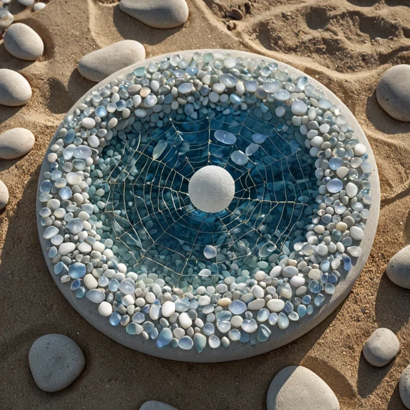 A hyperrealistic, macrophotography style shot of a serene, indoor Zen garden composed entirely of smooth, white sea glass and polished river stones arranged in concentric circles. Instead of sand, the base layer consists of fine, iridescent crushed pearl powder that shimmers with soft, opalescent highlights. In the center, a single, oversized, translucent sapphire sphere floats just above the surface, suspended by an invisible magnetic field, casting a deep, crystalline blue refraction onto the surrounding stones. A delicate, golden wire trellis arches over the scene, supporting cascading strands of hanging, dewkissed spiderwebs that catch the light like diamond dust. The lighting is soft, diffused natural daylight filtering through