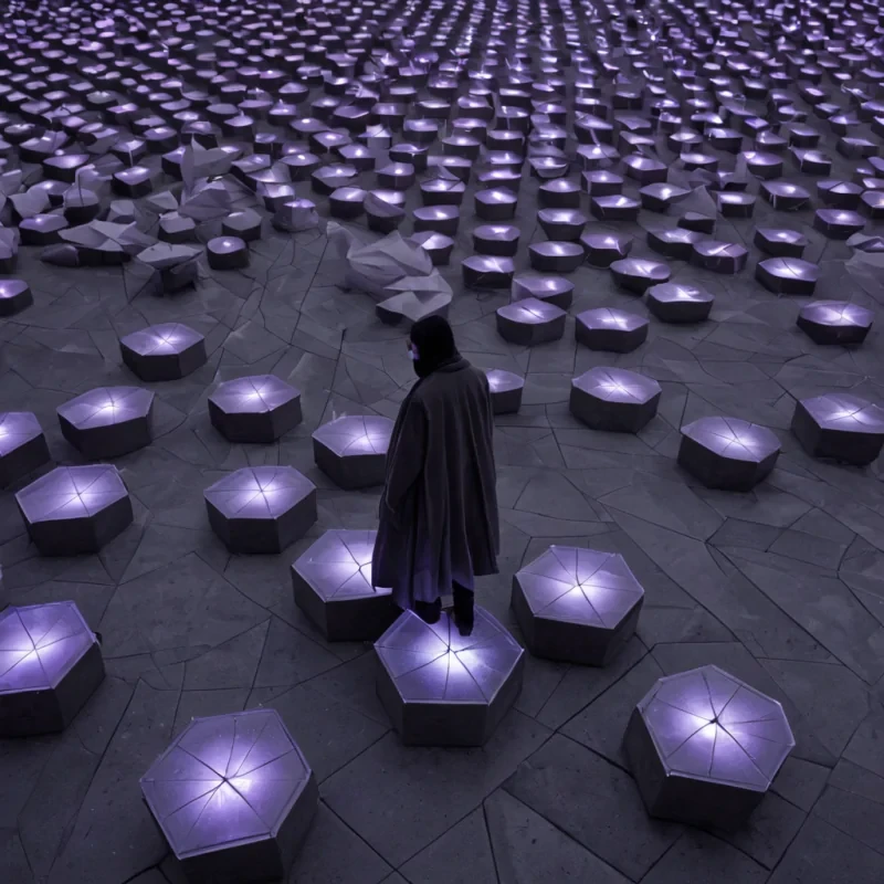 A horizontal, eyelevel medium shot of a vast, silent plaza paved with interlocking hexagonal tiles of matte charcoal concrete, each tile embedded with a single, dormant fiberoptic strand that glows with a faint, pulsing violet light. In the center stands a colossal, translucent monolith of layered, frosted plexiglass, within which thousands of origami cranes crafted from iridescent foil are suspended in midair, frozen in a slow, spiraling descent. Surrounding the monolith are rows of sleek, minimalist benches made from warm, polished teak wood, upon which sit figures wearing highfashion, structured coats in muted earth tones, their faces obscured by smooth, featureless porcelain masks that reflect the ambient violet glow