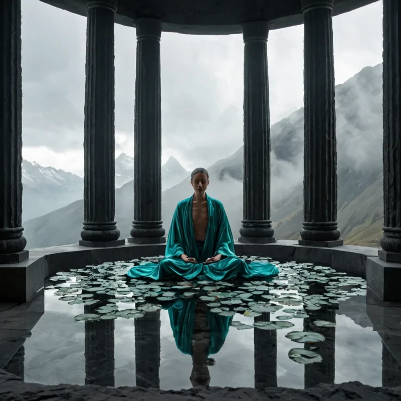 A hyperrealistic, eyelevel medium shot of a serene, circular meditation chamber constructed from seamless, matteblack basalt, set within a dense, cloudshrouded alpine peak. The floor is a perfectly still, shallow basin of dark, viscous obsidian that acts as a flawless mirror, reflecting the turbulent sky above. In the center of the room, a solitary figure dressed in a flowing, iridescent silk robe of shifting teal and silver sits crosslegged on a floating, translucent lotus petal made of hardened clear resin. Surrounding the figure are twelve tall, slender pillars made of polished, raw quartz, each internally illuminated by a soft, pulsating amber light that creates a rhythmic, breathing effect. Suspended from