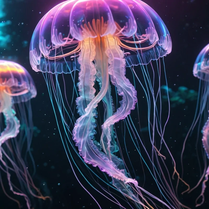 Hyperrealistic neon jellyfish with iridescent tendrils, drifting in a symmetrical, geometric aquarium of swirling, pastel bubbles, dynamic lighting with volumetric beams, soft focus on its delicate, luminescent body, vibrant colors, 4K resolution, lens flare dancing around its ethereal form.