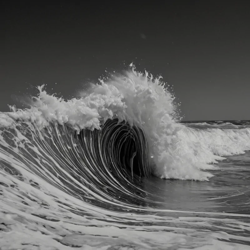 A single, selfigniting filament of reversed silence, shaped like a 143dimensional helix of unformed quiet and inverted resonance, pulses at the center of a vast, inverted ocean of solidified soundeach wave frozen midcrash in the exact moment between a notes birth and its refusal to resonate, a whispers formation and its containment in the air, a screams ascent and its sudden, silent collapse into the void. The filament does not emit soundit unsounds, each shimmering strand shedding a layer of acoustic potential that never coalesced into a shared vibration, reforming into ephemeral, obsidianthreaded afterimages shaped like the negative space between two ears that never heard, suspended in the weight