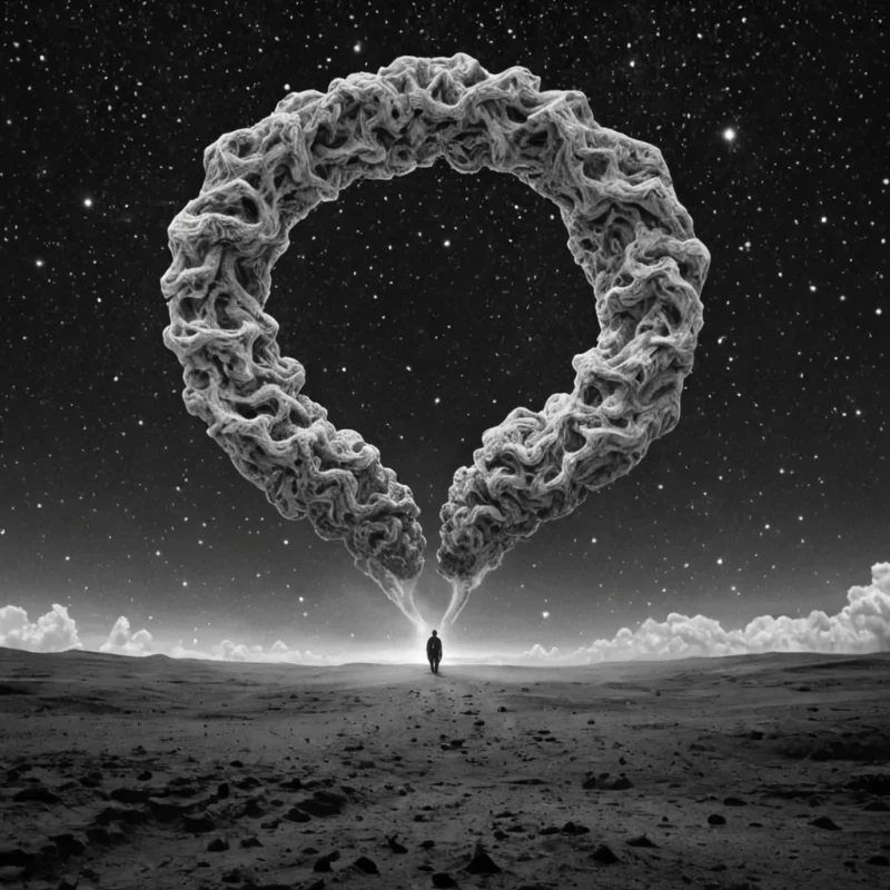 A single, selfrewriting constellation of mirrored silence, shaped like a 3dimensional Mbius loop of inverted memory and unformed forgetting, drifts through the center of a vast, inverted sky of solidified breath  each cloud formed not from vapor, but from the petrified sighs of a civilization that measured truth not by logic, but by the duration of synchronized, breathless pauses held just before the first lie was ever permitted to form in a world where deception was forbidden. The constellation does not orbit  it unremembers, each star shedding a layer of narrative potential that never coalesced into a shared myth, reforming into ephemeral, quartzthreaded afterimages shaped like the negative space between two mouths that never