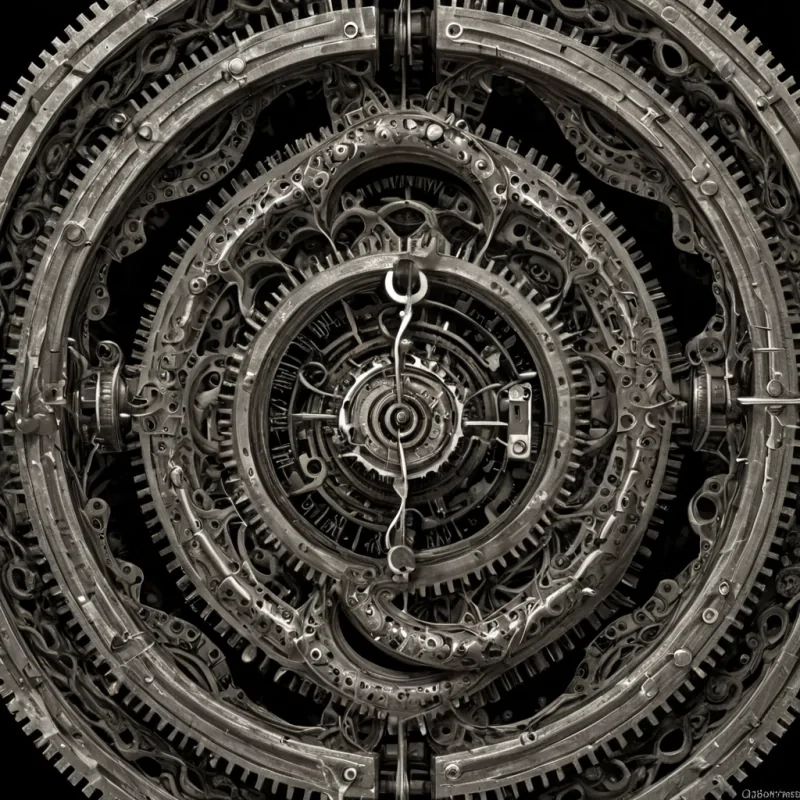 A single, selfilluminating fractal of reversed time, shaped like a 17,342dimensional knot of unformed chronology and inverted causality, pulses at the center of a vast, inverted clockwork of solidified stasis  each gear forged from the exact moment between a hand turning a key and its refusal to unlock, a second ticking into existence and dissolving into nonsequential void, a heartbeat syncing with the cosmos and collapsing into pure, unmeasured nonprogress. The knot does not measure time  it unmeasures it, each spiraling strand shedding a layer of temporal potential that never coalesced into linear motion, reforming into ephemeral, cobaltveined static that drifts like