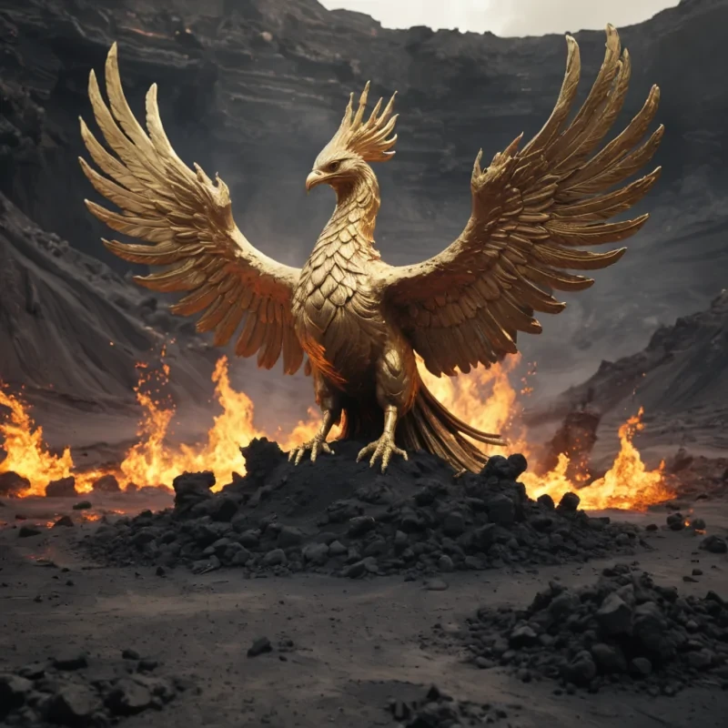 A lone, ancient statue of a phoenix, made of molten gold, rising from the ashes in a volcanic crater, hyperrealistic, 4K, cinematic lighting, volumetric lighting, atmospheric effects, dynamic lighting, soft focus, pastel tones, detailed textures.