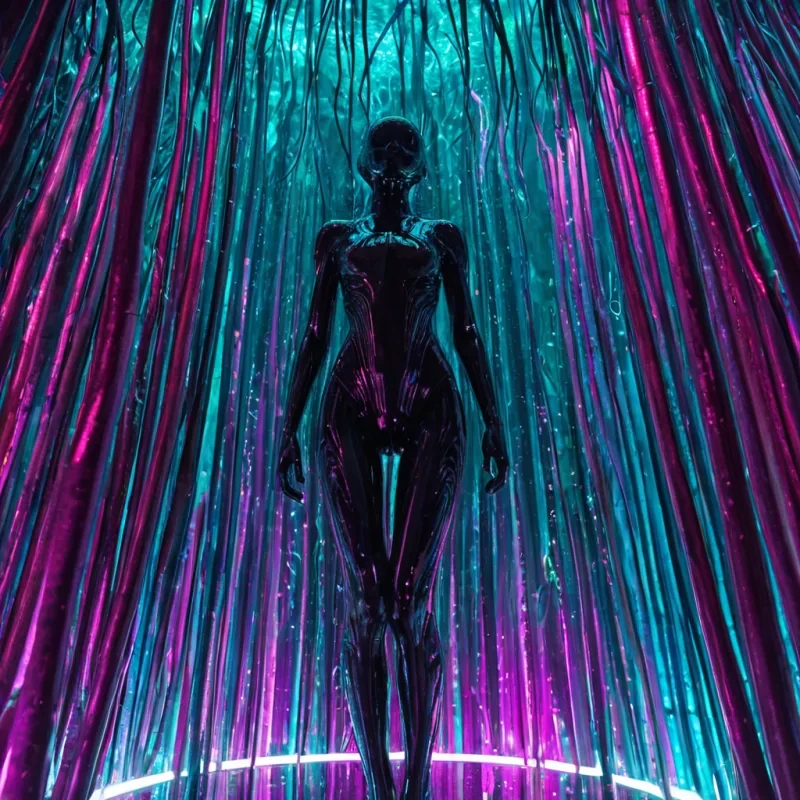 A vertical, ultrawide shot of a colossal, vertical garden wall composed entirely of vertical, ribbed tubes of deepsea kelp and translucent, bluetinted bioplastic, illuminated from within by pulsating, rhythmic bands of cyan and magenta LED light. Suspended in the foreground is a sleek, exoskeleton suit made of brushed titanium and flexible, black mesh, worn by a figure with skin that shimmers with a subtle, iridescent oilslick pattern. The figure is floating in a zerogravity atrium filled with swirling, viscous mist that catches the light like diamond dust. Behind the figure, through the semitransparent tubes, a vast, dark ocean is visible, teeming with silhouettes
