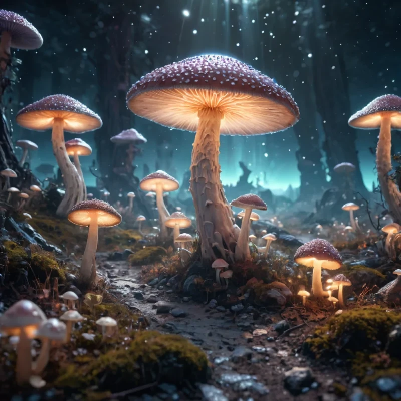 A vast, alien landscape dotted with colossal, crystalline mushrooms that emit a soft, ethereal glow, while tiny, luminescent creatures dance around their bases, hyperrealistic, ultra HD, cinematic lighting, volumetric lighting, atmospheric effects, dynamic lighting, bokeh effect, soft focus, lens flare, vibrant colors, detailed textures.