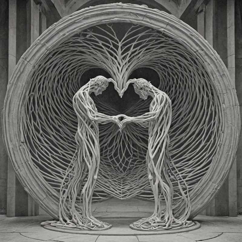 A single, selfattenuating filament of reversed empathy, shaped like a 2,987dimensional toroidal lattice of unformed connection and inverted compassion, drifts through a vast, inverted sanctuary of solidified isolationeach pillar carved from the exact moment between a hand reaching and its refusal to meet, a glance softening and dissolving into nonemotional haze, a word forming and collapsing into pure, unmeasured solitude. The filament does not feelit unfeels, each spiraling strand shedding a layer of relational potential that never coalesced into mutual understanding, reforming into ephemeral, moonstoneveined afterimages shaped like the negative space between two hearts that never beat in synchronized silence. The air hum
