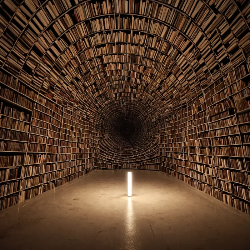 A single, selfilluminating thread of compressed twilight, shaped like a 3dimensional spiral of inverted silence and unformed sound, drifts through the center of a vast, inverted library composed of the petrified echoes of a civilization that measured knowledge not by books, but by the duration of synchronized, silent breaths held just before the first word was ever allowed to form in a world where language was never invented. The thread does not glowit unspeaks, each coil shedding a layer of linguistic potential that never coalesced into a shared meaning, reforming into ephemeral, amethystveined afterimages shaped like the negative space between two lips that never parted in unison during the same moment of mutual stillness.