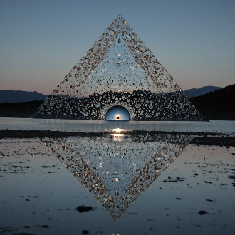 A single, selfreflecting droplet of solidified moonlight, shaped like a fractalized, rotating tetrahedron woven from the inverted gravity of unreflected surfaces and unformed refractions, hovers at the center of a vast, inverted mirrorlake made entirely of petrified echoes and suspended moments of unobserved symmetry. The droplet does not refractit unreflects, each rotation dissolving a layer of visual potential that never coalesced into a shared image, reforming into ephemeral, silverthreaded afterimages shaped like the negative space between two mirrors that never faced each other in the same moment of mutual stillness. The lake is not liquidit is a stratified expanse of
