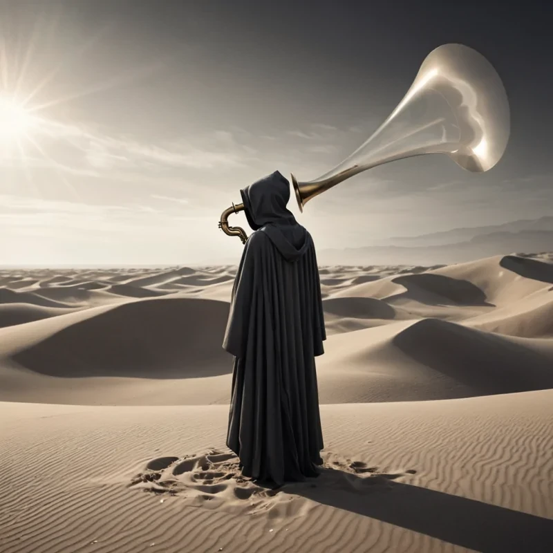 Photorealistic, Ultra HD portrait of a whimsical, levitating vintage phonograph, its brass horn emitting ethereal, otherworldly melodies, set against a surreal, monochromatic landscape of undulating, shadowy dunes, with volumetric lighting casting dramatic shadows and emphasizing the intricate, art deco design, and a subtle, cool bokeh effect creating a sense of isolation and enchantment, while a spectral, ethereal figure, cloaked in a tattered, hooded robe, stands silently at the edge of the frame, their face obscured by shadows, adding an enigmatic, haunting touch to the otherwise abstract scene.