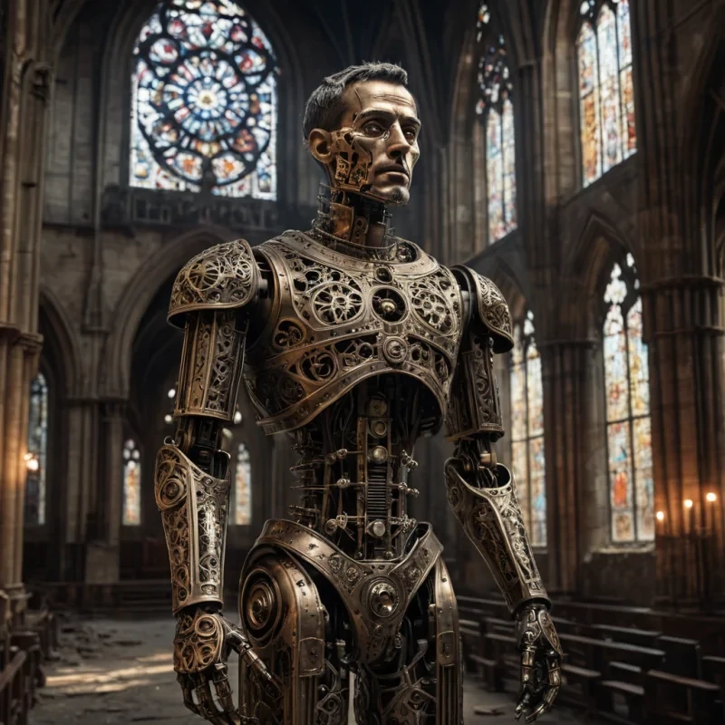 A hyperrealistic, 4K portrait of a stoic, ancient automaton, its metallic body adorned with intricate, tarnished filigree, standing alone in a vast, abandoned cathedral, surrounded by towering, gothic arches and faded, stainedglass windows, with cinematic lighting casting dramatic shadows and emphasizing the intricate, steampunkinspired design, and a subtle, cool bokeh effect creating a sense of isolation and melancholy.