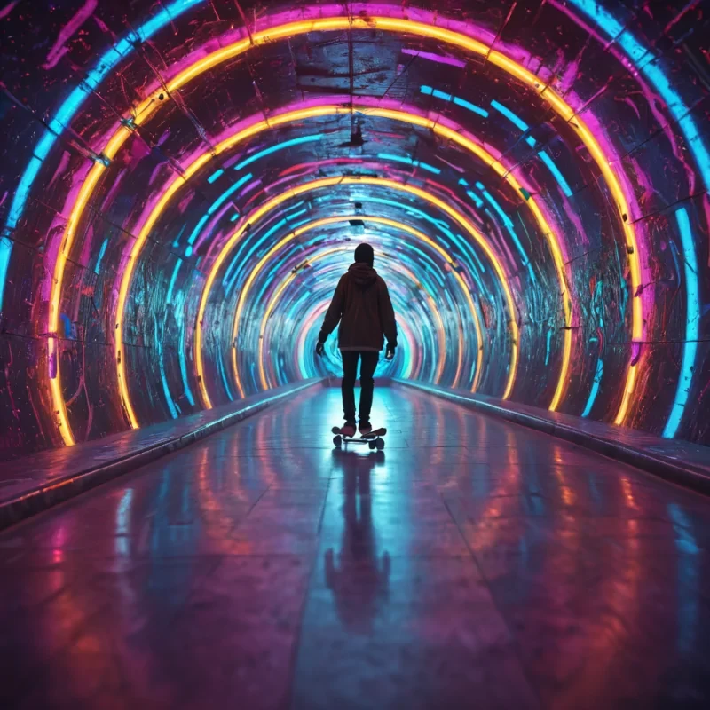 A lone figure skateboarding through an endless neon tunnel, surrounded by evershifting, kaleidoscopic patterns, hyperrealistic, ultra HD, cinematic lighting, volumetric lighting, atmospheric effects, dynamic lighting, bokeh effect, soft focus, lens flare, vibrant colors, detailed textures.