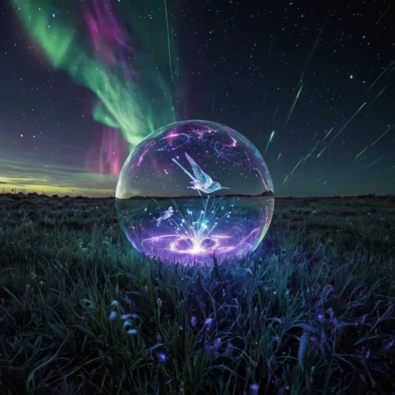 A sprawling, glassencased meadow floats in zero gravity above a stormlit nebula, its blades of grass replaced by crystalline filaments that emit soft, bioluminescent pulses in sync with a hidden rhythm. In the center, a colossal, humming sphere of liquid mercury rotates slowly, its surface engraved with evershifting fractal patterns that project holographic birds into the void. Around it, dozens of iridescent, levitating dronescrafted from fused chrome and cooled starlightdrift in synchronized choreography, each trailing trails of shimmering afterimages. The air is thick with swirling dust motes that reflect the spheres light in a cascading aurora of cobalt, jade, and electric gold.