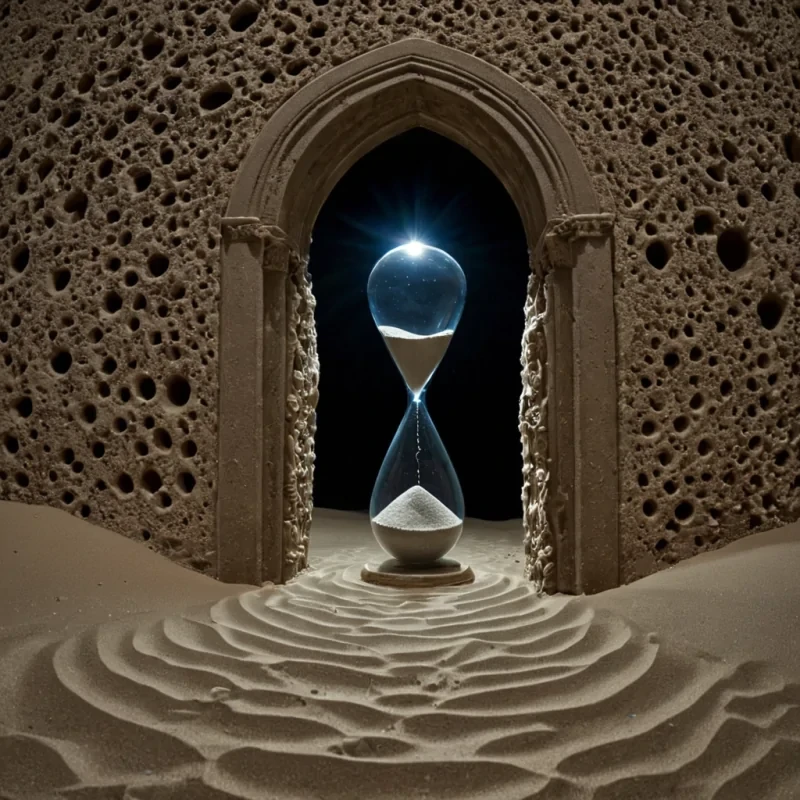 A single, suspended hourglass made of liquid mercury and woven moonlight floats in the center of a vast, inverted cathedral built inside a hollowedout comet, its structure not vertical but spiraling outward like the coils of a lullaby written in reverse. The hourglass does not measure timeit unmakes it, its sand not granular but composed of solidified breaths from moments that never occurred, each grain etched with the faint, shimmering script of a decision that was imagined but never taken. The sand does not fallit ascends, rising in slow, silent waves that form the shape of a door that was never opened, its surface glowing faintly with the afterimage of a handshake that never happened. The