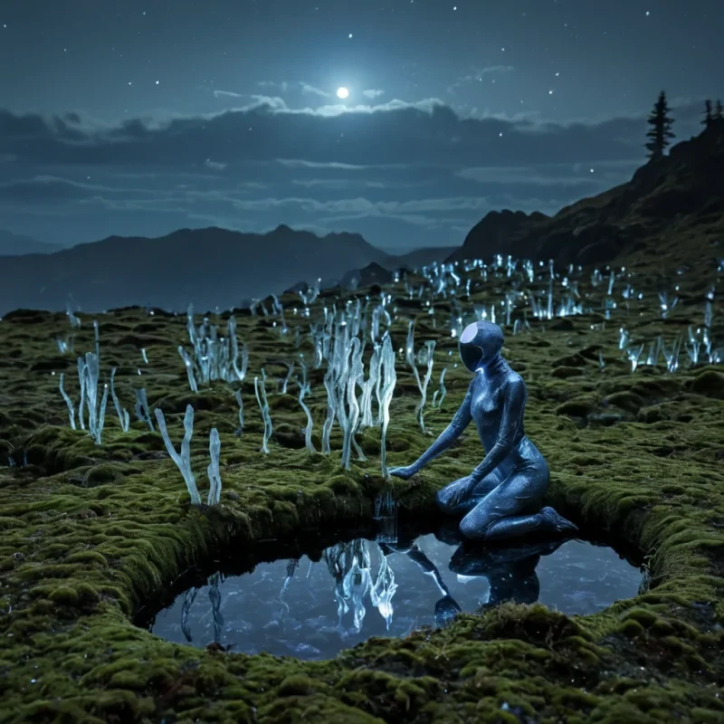 A hyperrealistic, eyelevel shot of a tranquil, highaltitude plateau covered in a dense carpet of soft, velvety indigo moss that undulates like a slowmoving ocean under a crisp, twilight sky. Rising from the moss are slender, crystalline spires of frosted quartz that hum with a faint, resonant frequency, emitting thin streams of shimmering, silver mist that curl around their bases. In the foreground, a solitary figure wearing a lightweight, aerodynamic suit made of iridescent, pearlwhite composite material kneels beside a small, circular depression in the moss where a pool of liquid starlightcomposed of suspended, glowing nanobotsswirls gently. The lighting is cool and ethereal,