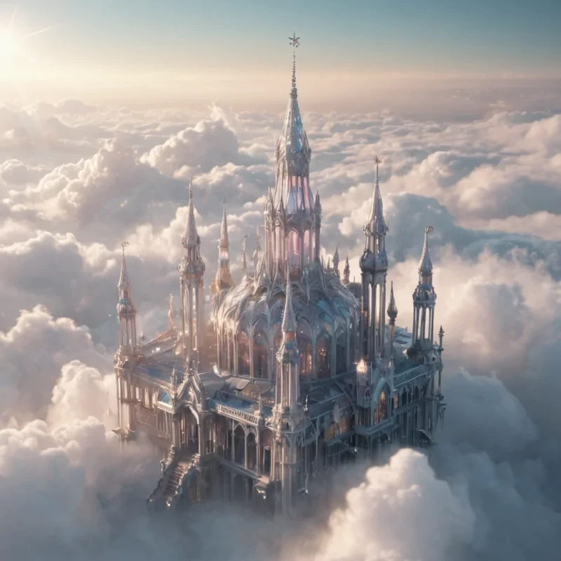 A sentient, crystal palace floating above a cloud sea, its spires emitting soft, pulsating light, hyperrealistic, 8K, cinematic lighting, volumetric lighting, atmospheric effects, dynamic lighting, bokeh effect, soft focus, lens flare, translucent whites and iridescent hues, detailed textures.
