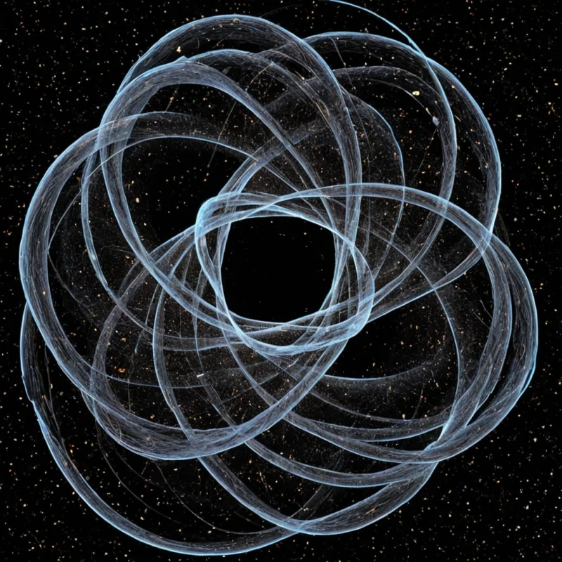A single, selfresonating filament of compressed quantum foam, shaped like a spiraling, nonEuclidean knot of reversed spacetime curvature, pulses at the center of a vast, inverted void composed of layered, unobserved moments of quantum entanglement from a civilization that communicated through the duration of synchronized, silent observation of the same unmeasured particle in superposition. The filament does not vibrateit unentangles, each harmonic decay dissolving a layer of correlation that never coalesced into a shared state, reforming into ephemeral, obsidianveined afterimages shaped like the negative space between two hands that never touched the same quantum wavefunction in the same moment of mutual uncertainty. The void is not emptyit