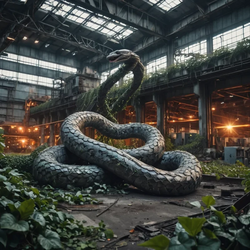 A colossal, metallic serpent slumbers in a vast, abandoned industrial complex, its scales rusted and adorned with ivy, as drones swarm around it, hyperrealistic, 8K, cinematic lighting, volumetric lighting, atmospheric effects, dynamic lighting, bokeh effect, soft focus, lens flare, muted greys, weathered oranges, and deep blues, detailed textures.