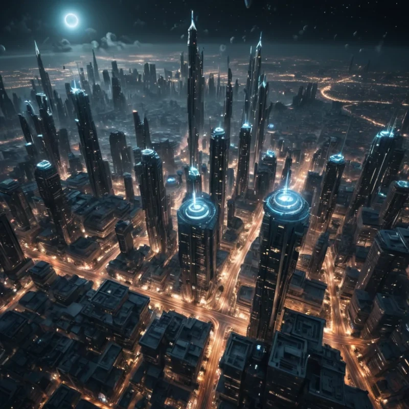 Photorealistic, Ultra HD, colossal, ancient, cinematic, levitating city, its detailed, textured skyscrapers adorned with intricate, 4K, neonlit fractal patterns, hovers silently over a desolate, alien, neonlit metropolis. The citys massive, volumetric, antigravity engines cast intricate, atmospheric shadows across the urban landscape, while its powerful, cinematic searchlights, crafted from swirling, neonlit vortexes, illuminate the distant, swirling galaxies, creating a soft, ethereal bokeh effect that dances with the scenes lens flare, as the rhythmic, atmospheric calls of unseen creatures echo through the thin, atmospheric air.