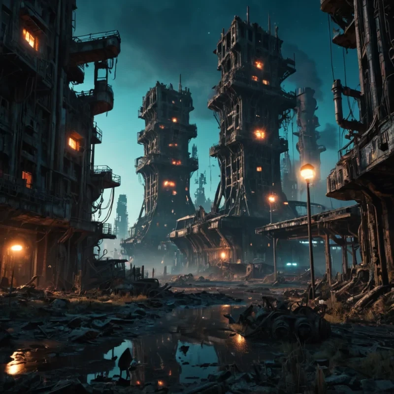 A sprawling, postapocalyptic metropolis where colossal, rusted machinery towers over the remnants of a forgotten civilization, while bioluminescent fungi cast an eerie glow on the crumbling architecture, and mutated, glowing creatures stalk the shadows, hyperrealistic, 4K, cinematic lighting, volumetric lighting, atmospheric effects, bokeh effect, vibrant colors, detailed textures.