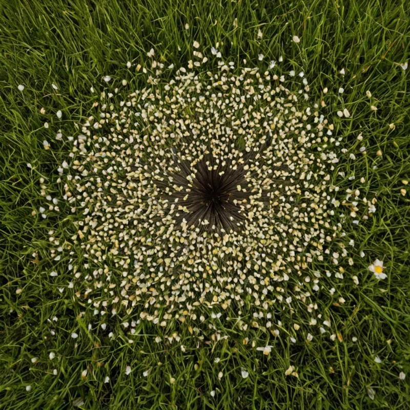 A single, selforganizing swarm of reversed timelapse pollen, shaped like a 103dimensional cloud of unformed bloom and inverted germination, drifts through the center of a vast, inverted meadow of solidified twilighteach blade of grass petrified in the exact moment between a seeds fall and its refusal to root, a petals unfurling and its immediate retraction, a breezes touch and the earths silent resistance. The swarm does not growit unblooms, each shimmering particle shedding a layer of floral potential that never coalesced into a shared season, reforming into ephemeral, citrinethreaded afterimages shaped like the negative space between two hands that never planted a