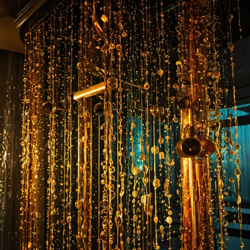 A hyperrealistic, lowangle photograph of a towering, vertical garden composed not of plants, but of suspended, glowing liquid amber droplets, each containing a frozen, intricate clockwork mechanism of brass and copper that rotates in slow, silent harmony. The droplets are arranged in a dense, cascading curtain that falls from a ceiling of polished, dark obsidian tiles, reflecting the warm, golden light emitted from within the mechanisms. Interspersed among the amber curtains are slender, metallic ribbons of silver that twist and spiral through the space, their surfaces etched with microscopic, glowing circuitry that pulses with a soft, cyan rhythm. In the foreground, a pair of hands, clad in delicate, translucent gloves made of woven light,