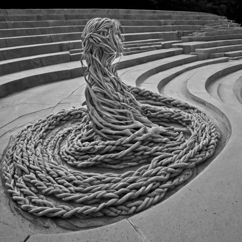 A single, selfrewriting tangle of liquid silence, shaped like a 439dimensional braid of unformed stillness and inverted quiet, pulses at the center of a vast, inverted amphitheater of solidified soundeach seat carved from the exact moment between a whisper leaving lips and its refusal to be heard, a breath held in anticipation and its sudden unraveling into nonresonant air, a hand raised in applause and dissolving into motionless gesture. The tangle does not muteit unmutes, each shimmering strand shedding a layer of acoustic potential that never coalesced into a shared ovation, reforming into ephemeral, moonstoneveined afterimages shaped like the negative space between two palms
