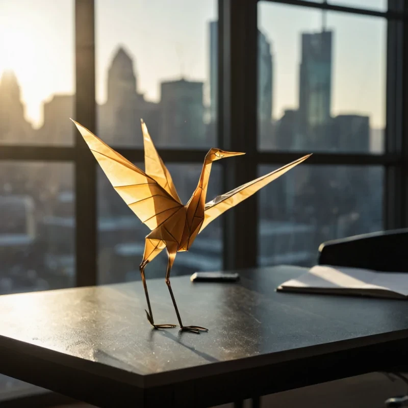 A macro, tiltshift perspective of a delicate, translucent origami crane floating in midair, its wings crafted from thin sheets of frosted acrylic that refract the warm, golden light of a setting sun. The crane is perched on the edge of a sleek, minimalist desk made of dark, polished slate, where scattered geometric paper clips and a single, glowing neon ink pen create a striking contrast against the matte surface. The background is a soft, outoffocus blur of a modern, sunlit study with large windows revealing a distant cityscape bathed in late afternoon haze. The lighting is crisp and directional, casting sharp, elongated shadows that emphasize the crisp folds of the paper and the smooth texture of the desk, rendered in hyperreal
