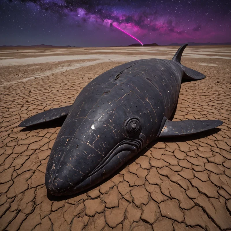 A wideangle, lowperspective shot of a colossal, silent mechanical whale constructed from brushed brushed steel and matte copper, resting on a dry, cracked desert floor that resembles a driedout lakebed. The whales body is segmented like a tank, with visible hydraulic pistons and intricate gear trains exposed along its flanks, all dusted with fine, ochrecolored sand. Its eye is not a lens, but a large, circular port filled with swirling, slowmoving mercury that reflects a distorted, starfilled night sky, creating a surreal contrast with the arid, twilight environment. A single, thin beam of violet laser light projects from the whales snout, hitting a distant, floating monolith of black basalt, causing a ripple