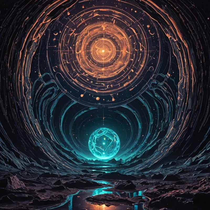 A colossal, sentient kaleidoscope of liquid mercury and fractured moonlight floats in the center of a vast, hollowedout planet core, its surface constantly reshaping into new geometric patterns that pulse with bioluminescent energy. Each facet reflects a different era of human expressionancient cave paintings, neonlit cyberpunk alleyways, and surreal dreamscapesblending seamlessly into one another like a living, breathing tapestry of memory. The structure is suspended by taut, glowing filaments of solidified sound, humming in harmony with the planets slow, rhythmic heartbeat. Around it, swirling clouds of iridescent dust form ephemeral constellations that dissolve and reform with every breath of the cores ambient resonance.