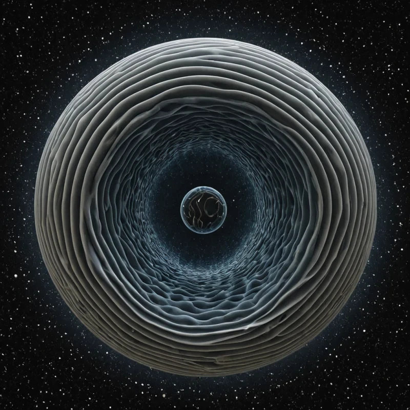 A single, selfoscillating membrane of liquid gravity, shaped like a pulsating, nonNewtonian sphere of inverted mass, floats at the center of a vast, still void where space is not empty, but compressed, unobserved decisions from a civilization that communicated through the resonance of unchosen paths. The membrane does not collapseit unchooses, each ripple dissolving a layer of potential that never unfolded, reforming into ephemeral, chromatic vortices shaped like the negative space between two doorways that never opened in the same breath of hesitation. The void is not darknessit is a layered expanse of solidified probability, each ripple etched with the quantum residue of a choice that was almost made, its surface
