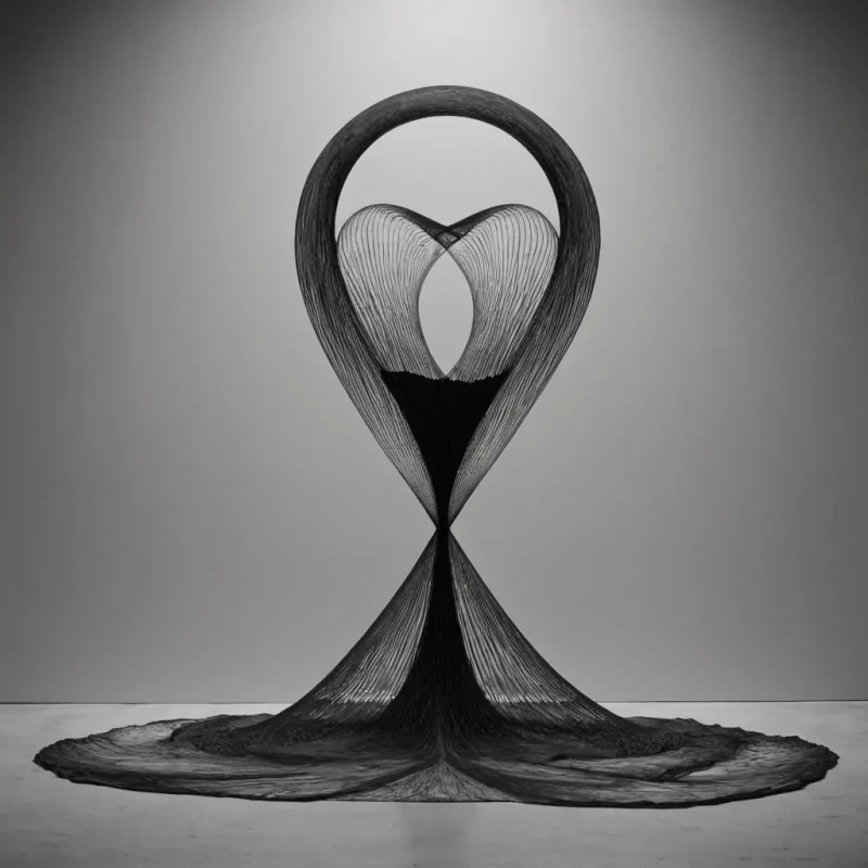 A single, pulsating knot of woven silence and solidified wind hangs suspended in the center of a vast, still void shaped like a perfect, inverted hourglass, its surface not smooth but textured with the faint, ghostly imprints of every breath ever held in anticipation. The knot does not unravelit contracts and expands in time with the slow, rhythmic pulse of a heartbeat that never was, emitting ripples that travel not through air, but through the fabric of unspoken choices, each ripple forming the shape of a door that was never opened. The void itself is not emptyit is filled with a dense, viscous light that refracts not colors, but emotions, rendering each shadow as a slowmoving sculpture of regret, curiosity, or