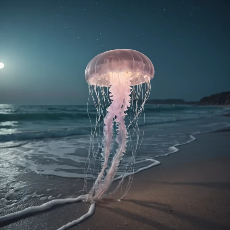 A serene, moonlit beach where bioluminescent jellyfish float above the waves, casting an ethereal glow on the shore, hyperrealistic, ultra HD, cinematic lighting, volumetric lighting, atmospheric effects, soft focus, pastel tones, detailed textures.