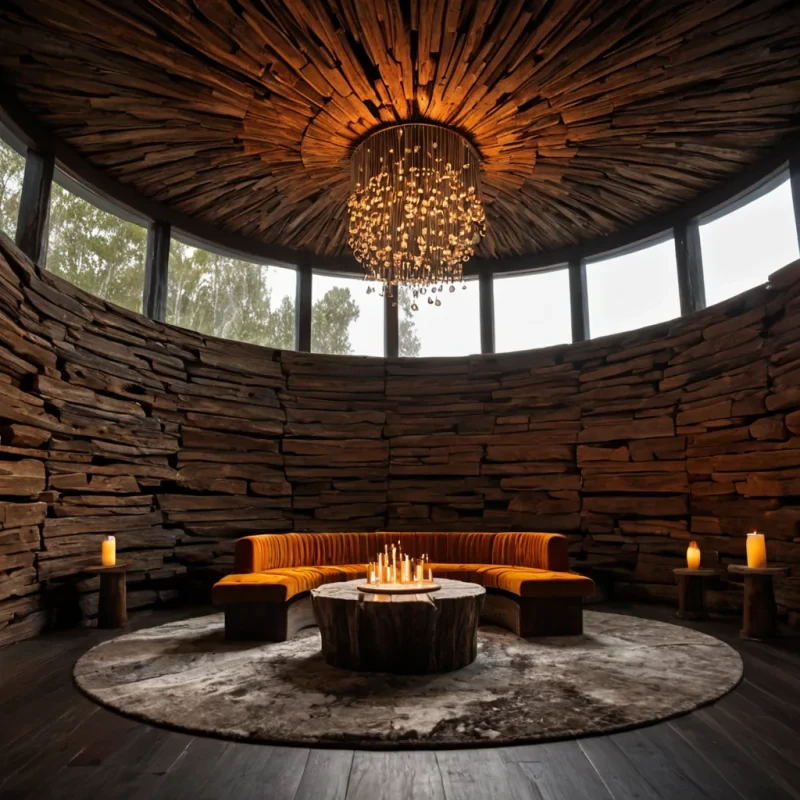 A hyperrealistic, eyelevel medium shot of a quiet, circular reading nook situated inside a colossal, hollowedout segment of ancient petrified wood, where the interior walls display intricate, fossilized growth rings in shades of deep amber and mahogany. The seating consists of a low, circular platform upholstered in plush, charcoalgray velvet that contrasts with the warm, organic textures of the surrounding wood. Suspended from the curved ceiling above is a delicate, chandelierlike structure made of thin, silver filaments holding dozens of small, glowing orbs that emit a soft, warm candlelight glow, casting long, dramatic shadows across the room. In the center of the platform lies an open, leatherbound book with pages made of thin, translucent