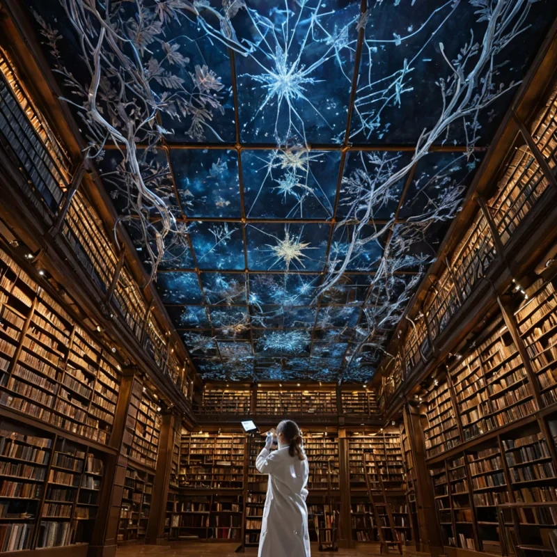 A lowangle, hyperrealistic shot of a vast, subterranean library constructed entirely from translucent, glowing amber resin blocks stacked in irregular, organic formations. Suspended within each block is a single, preserved specimen of exotic flora or fauna, ranging from iridescent moths to crystalline ferns, creating a mosaic of frozen life. The ceiling is a complex web of fiberoptic cables that mimic the branching patterns of neural networks, pulsing with soft, rhythmic light in hues of pale gold and deep indigo. In the foreground, a scholar wearing a sleek, white lab coat with embedded holographic displays carefully examines a floating, threedimensional star chart projected from a handheld device made of brushed brass and clear acrylic. The air is