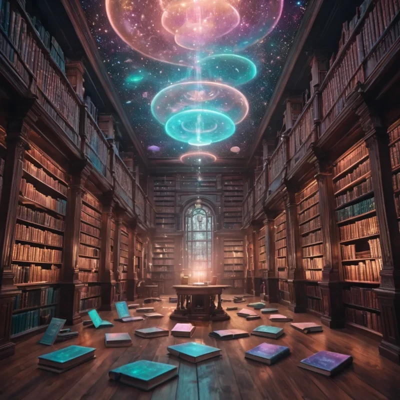 An opalescent, levitating, Victorianera library, filled with ancient, sentient, holographic tomes that emit a soft, otherworldly glow, suspended within an infinite, starlit void, captured in 4K with cinematic lighting and pastel tones.