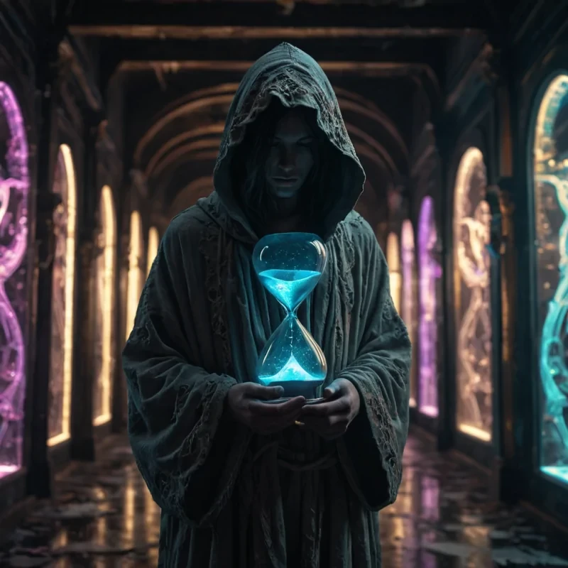 A hyperrealistic, 4K portrait of a lone, sentient, neonlit holographic hourglass, its ethereal form pulsating with intricate, bioluminescent fractal patterns, suspended in the heart of a vast, abandoned, neonlit arcade, with cinematic lighting casting dramatic shadows and emphasizing the hourglass dynamic, fluid movements, and a subtle, warm bokeh effect creating a sense of isolation and melancholy, as a spectral, ethereal figure, cloaked in a tattered, hooded robe, stands silently at the edge of the frame, their face obscured by shadows, adding an enigmatic, haunting touch to the otherwise abstract scene.