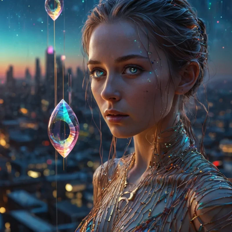 A hyperrealistic, 4K, ultra HD portrait of a timeweaver, her iridescent skin shimmering with the colors of a vibrant, neondrenched cityscape at dusk. The weavers eyes, a deep, enigmatic amber, hold the secrets of a thousand temporal threads. Her hair, a cascade of shimmering, holographic hourglasses, gently pulses with each beat of her chronal heart. The background is a surreal, hightech observatory filled with floating, selfassembling sundials and the soft glow of quantum chronometers. Cinematic lighting accentuates the weavers otherworldly beauty, while a subtle bokeh effect blurs the neonlit timeline, creating an intimate, focused atmosphere
