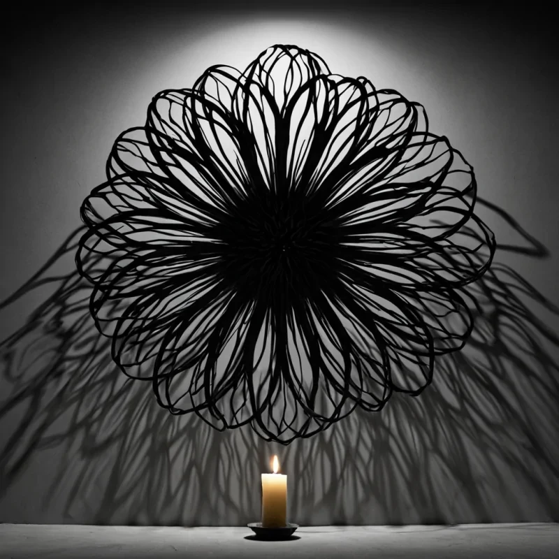 A single, selfresonating cluster of reversed shadow, shaped like a 13,709dimensional bloom of unformed darkness and inverted depth, pulses at the center of a vast, inverted forest of solidified light. Each petal is woven from the exact moment between a silhouette forming on a wall and its refusal to cohere, a candle flickering in the dark and dissolving into nonillumination, a gaze fixed on a distant figure and collapsing into pure, unmeasured nonpresence. The bloom does not absorb lightit unabsorbs it, each fraying edge shedding a layer of occlusion potential that never coalesced into form, narrative, or the weight of being seen, reforming into ephem